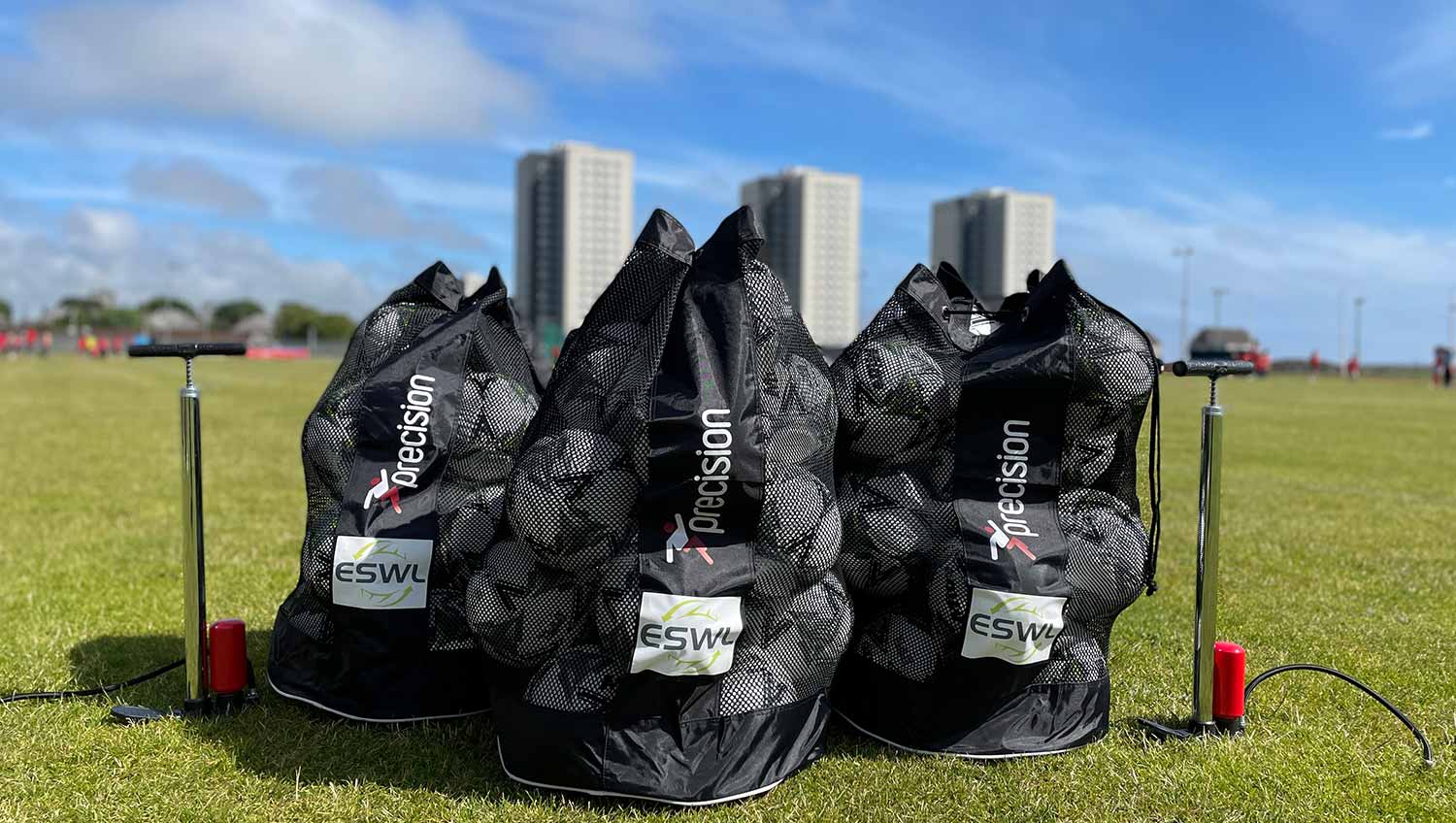 A photograph of footballs, football bags, pumps, to cones and markers for our coaches as sponsored by ESWL