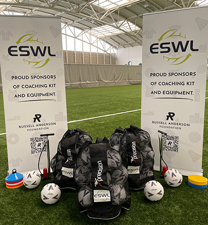 A photograph of footballs, football bags, pumps, to cones and markers for our coaches as sponsored by ESWL